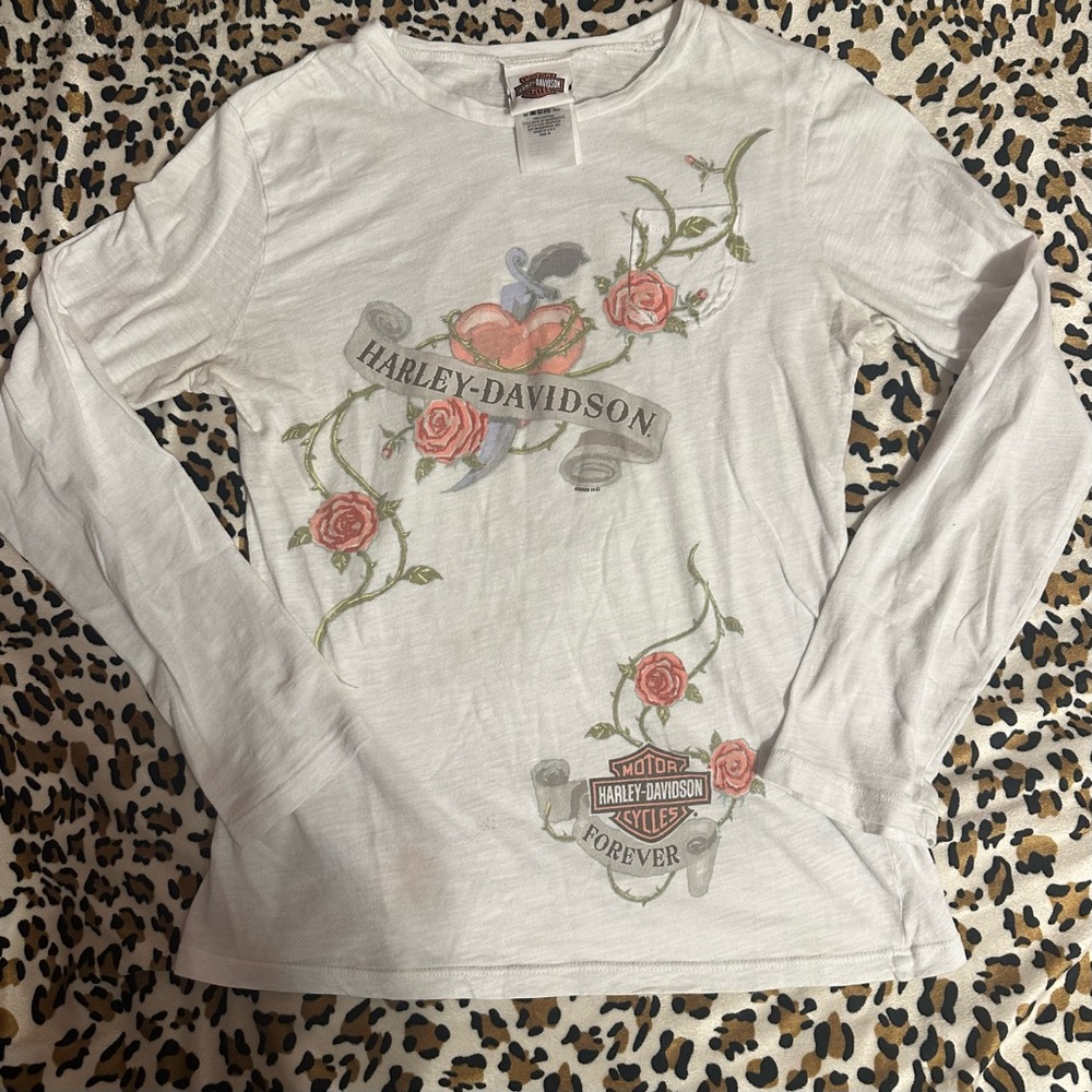 Harley-Davidson Women's White Floral Rose Graphic Long Sleeve T-Shirt M